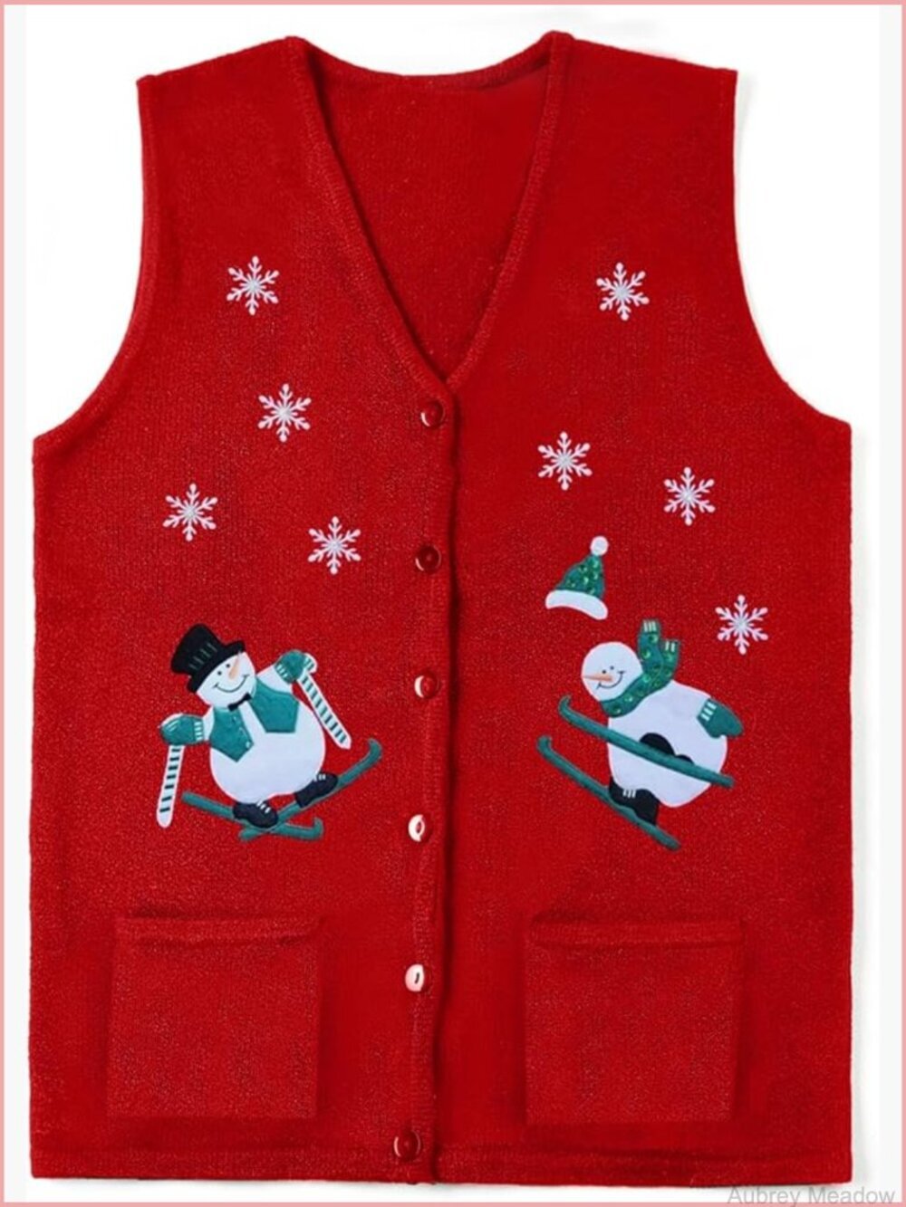 Santa Embroidered Sleeveless Knit Vest Button Down Sweater Top